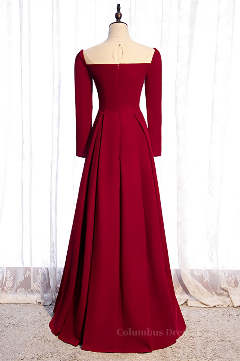 Blue Gown, Red A-line Folded Neck Long Sleeves Maxi Formal Dress