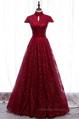 Prom Dresses Shops, Red A-line High Neck Cap Sleeves Cut-Out Sparkle-Embroidered Maxi Formal Dress