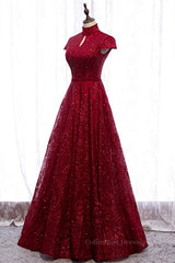 Prom Dresses Inspired, Red A-line High Neck Cap Sleeves Cut-Out Sparkle-Embroidered Maxi Formal Dress