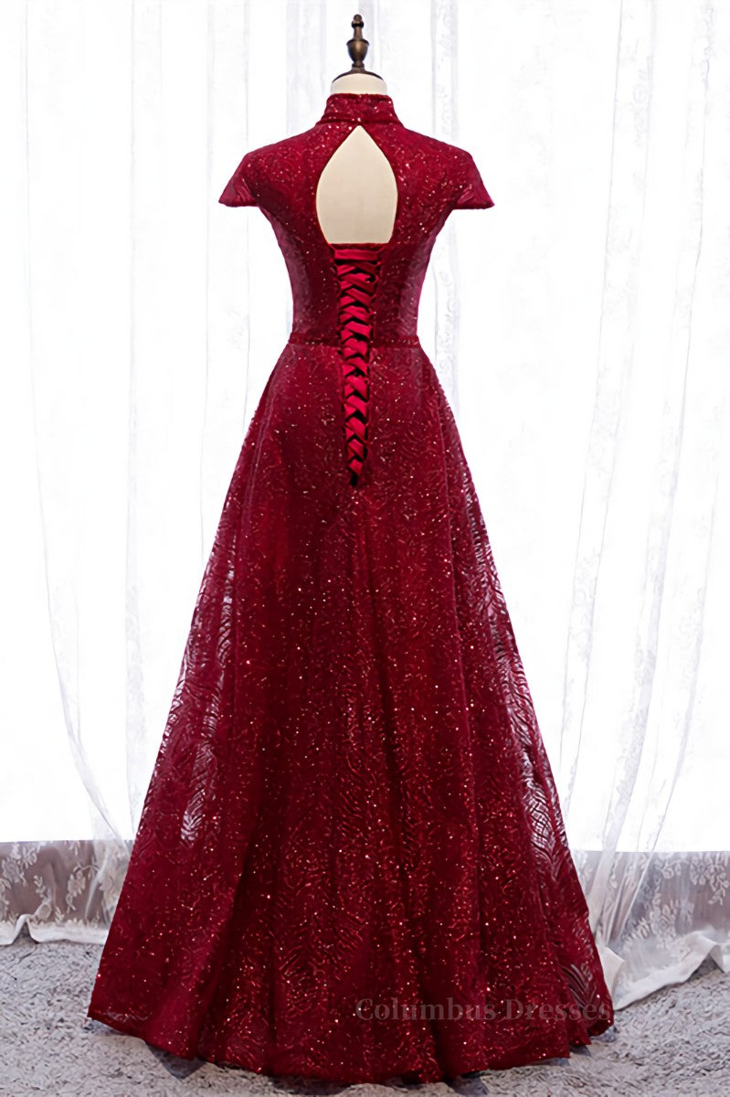 Prom Dresses Inspiration, Red A-line High Neck Cap Sleeves Cut-Out Sparkle-Embroidered Maxi Formal Dress