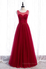 Prom Dress Tulle, Red A-line Illusion Neck Sweetheart Beaded Appliques Maxi Formal Dress