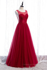 Prom Dresses Tulle, Red A-line Illusion Neck Sweetheart Beaded Appliques Maxi Formal Dress