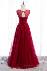 Prom Dress Blue, Red A-line Illusion Neck Sweetheart Beaded Appliques Maxi Formal Dress