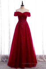 Prom Dresses Fitted, Red A-line Off-the-Shoulder Twist Knot Beaded Appliques Maxi Formal Dress