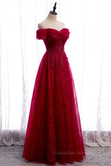 Prom Dress A Line Prom Dress, Red A-line Off-the-Shoulder Twist Knot Beaded Appliques Maxi Formal Dress