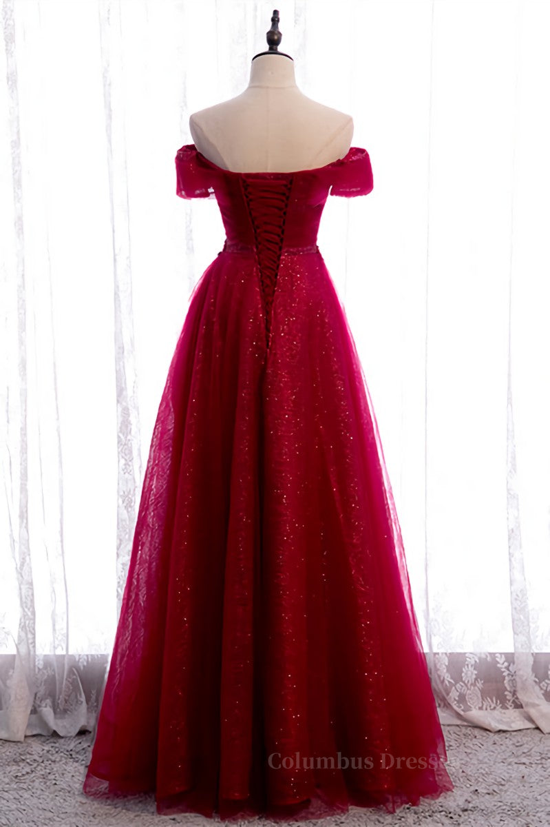 Prom Dresses Simple, Red A-line Off-the-Shoulder Twist Knot Beaded Appliques Maxi Formal Dress
