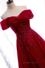 Prom Dress Simple, Red A-line Off-the-Shoulder Twist Knot Beaded Appliques Maxi Formal Dress