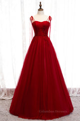 Prom Dresses 2048, Red A-line Pleated Bow Tie Double Straps Beaded Appliques Maxi Formal Dress
