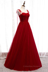 Prom Dresses Outfits, Red A-line Pleated Bow Tie Double Straps Beaded Appliques Maxi Formal Dress