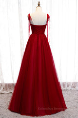 Prom Dresses Casual, Red A-line Pleated Bow Tie Double Straps Beaded Appliques Maxi Formal Dress