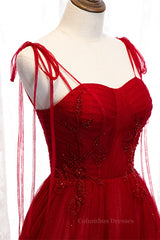 Prom Dress Elegant, Red A-line Pleated Bow Tie Double Straps Beaded Appliques Maxi Formal Dress