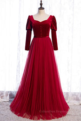 Homecomeing Dresses Short, Red A-line Puff Long Sleeves Lace-Up Maxi Formal Dress with Buttons