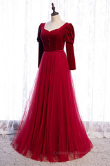 Homecoming Dressed Short, Red A-line Puff Long Sleeves Lace-Up Maxi Formal Dress with Buttons