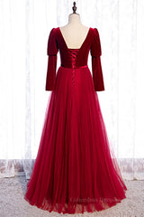 Homecoming Dress Shopping Near Me, Red A-line Puff Long Sleeves Lace-Up Maxi Formal Dress with Buttons