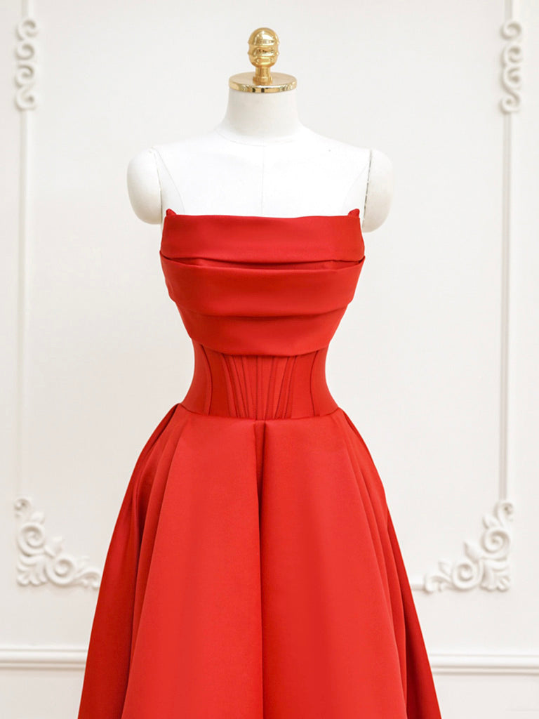 Formal Dress Black Dress, Red A-Line Satin Long Prom Dress, Red Long Formal Dress