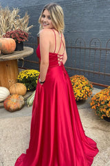 Red A-Line Satin Spaghetti Straps Prom Dress with Slit