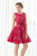 Prom Dress Shops Nearby, Red A-line Sleeveless Short Lace Homecoming Dresses