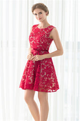 Prom Dresses For Skinny Body, Red A-line Sleeveless Short Lace Homecoming Dresses