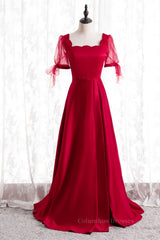 Formal Dresses Graduation, Red A-line Square Neck Illusion Puff Sleeves Beaded Long Formal Dress