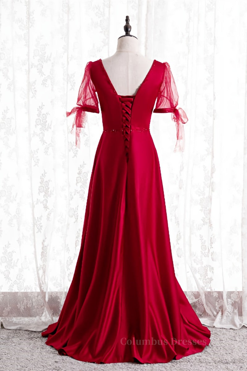 Formal Dresses Classy Elegant, Red A-line Square Neck Illusion Puff Sleeves Beaded Long Formal Dress