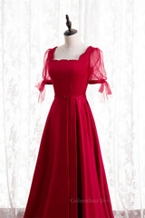 Formal Dress Classy Elegant, Red A-line Square Neck Illusion Puff Sleeves Beaded Long Formal Dress