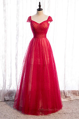 Prom Dresses Different, Red A-line V Neck Cap Sleeves Pleated Maxi Formal Dress with Dot Appliques