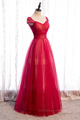 Prom Dress Short, Red A-line V Neck Cap Sleeves Pleated Maxi Formal Dress with Dot Appliques