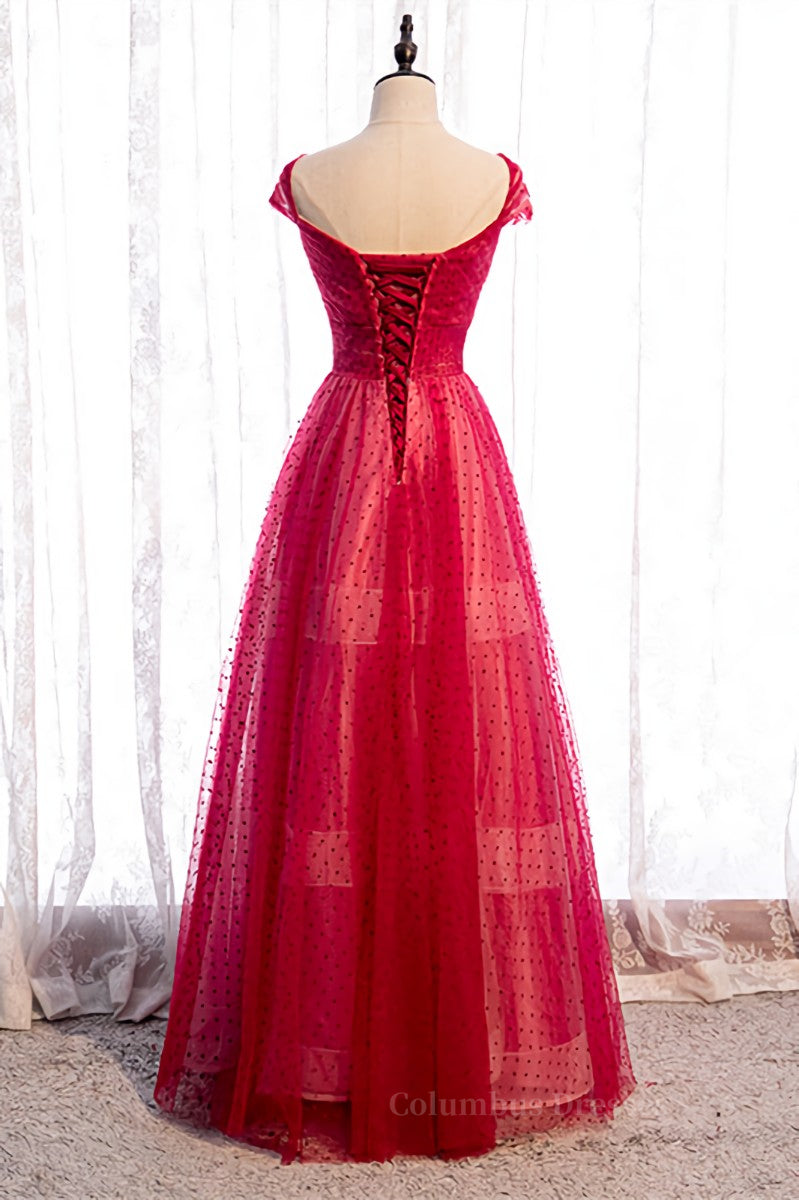 Prom Dress For Teens, Red A-line V Neck Cap Sleeves Pleated Maxi Formal Dress with Dot Appliques