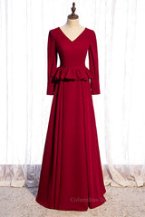 Homecoming Dresses 2051, Red A-line V Neck Long Sleeves Ruffle Maxi Formal Dress