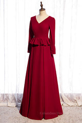 Homecoming Dress Elegant, Red A-line V Neck Long Sleeves Ruffle Maxi Formal Dress