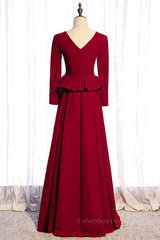 Homecoming Dresses Elegant, Red A-line V Neck Long Sleeves Ruffle Maxi Formal Dress