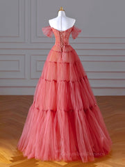 Formal Dresses, Red Aline Tulle Long Prom Dresses, Red Tulle Formal Graduation Dresses With Beading Sequin