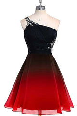 Prom Dresses Blue Long, Red and Black One Shoulder Chiffon Beaded Homecoming Dress, Gradient Short Prom Dress