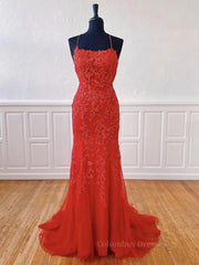 Evening Dresses Fitted, Red Backless Lace Prom Dresses, Red Open Back Lace Formal Evening Dresses