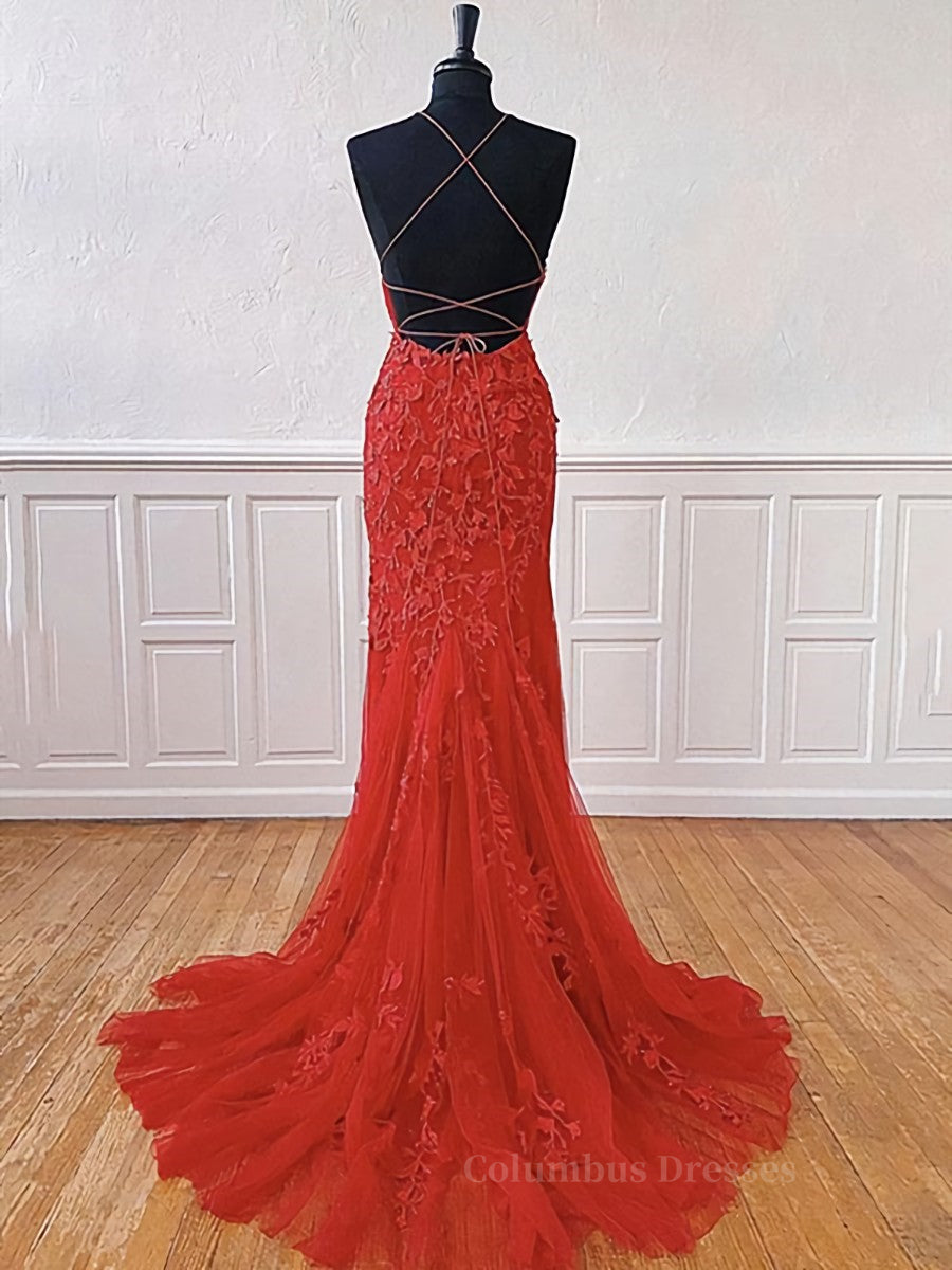 Evening Dresses Red, Red Backless Lace Prom Dresses, Red Open Back Lace Formal Evening Dresses