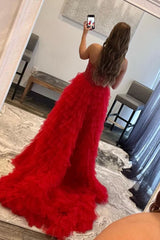 Red Beaded A-Line Tiered High Low Prom Homecoming Dress