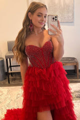 Red Beaded A-Line Tiered High Low Prom Homecoming Dress