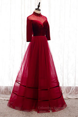 Prom Dress Long, Red Beaded Illusion High Neck Sleeves Pleated Maxi Formal Dress with Buttons