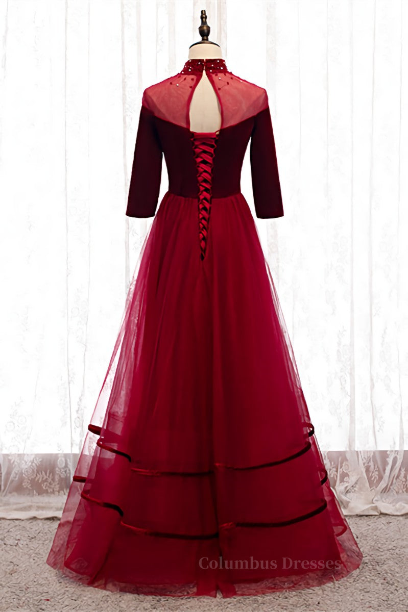 Prom Dresses Ball Gown, Red Beaded Illusion High Neck Sleeves Pleated Maxi Formal Dress with Buttons
