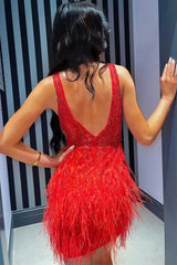 Red Beaded Sequins Tight Homecoming Dress with Feathers