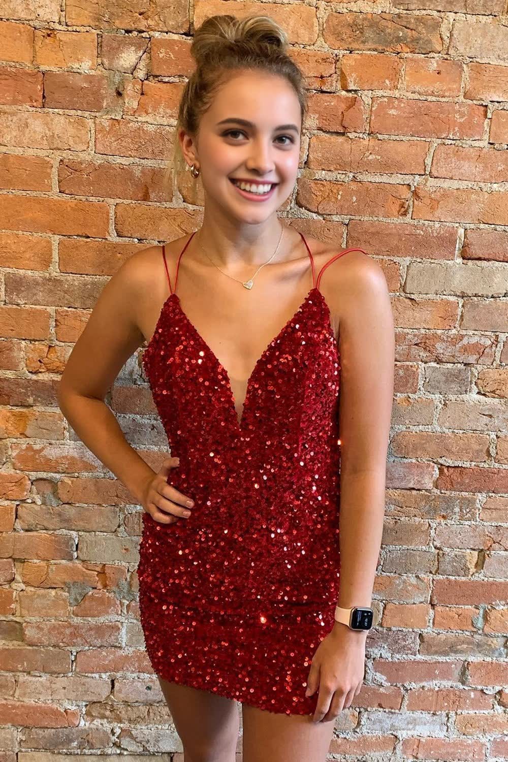 Red Criss-Cross Straps Sequins Tight Short Hoco Dress