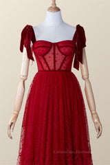 Prom Dress Long Sleeve, Red Dotted Tulle Corset Ankle Length Dress