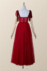 Prom Dresses Shiny, Red Dotted Tulle Corset Ankle Length Dress