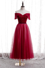 Prom Dressed Ball Gown, Red Folded Off-the-Shoulder Beaded Tea Length Formal Dress