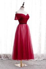 Prom Dresses Ball Gowns, Red Folded Off-the-Shoulder Beaded Tea Length Formal Dress