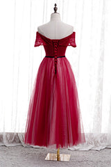 Prom Dresses Laced, Red Folded Off-the-Shoulder Beaded Tea Length Formal Dress