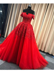 Prom Dress Emerald Green, Red Gorgeous Sweetheart Off Shoulder Lace Applique Ball Gown Prom Dress, Red Evening Dress Party Dress