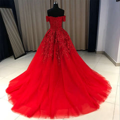 Prom Dress Modest, Red Gorgeous Sweetheart Off Shoulder Lace Applique Ball Gown Prom Dress, Red Evening Dress Party Dress