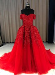 Prom Dress Styling Hair, Red Gorgeous Sweetheart Off Shoulder Lace Applique Ball Gown Prom Dress, Red Evening Dress Party Dress