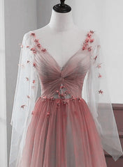 Mismatched Bridesmaid Dress, Red Gradient A-line Tulle with Lace Party Dress, Red Floor Length Prom Dress